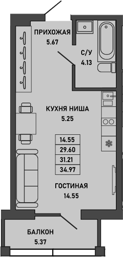 Планировка — Ялта, Студия, 30 м²