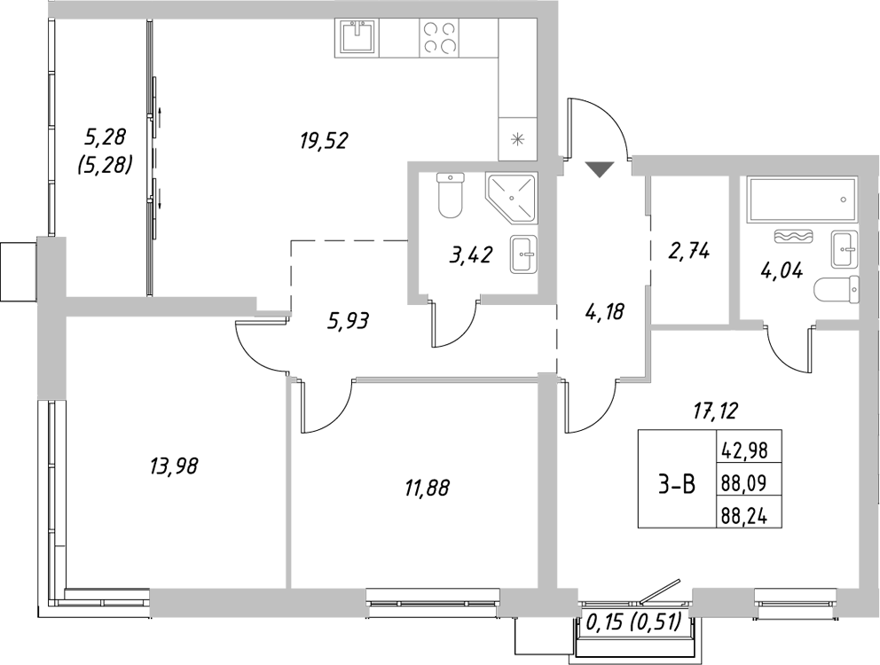 Планировка — Riverside, 3-комн., 83 м²