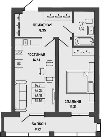 Планировка — Ялта, 1-комн., 43 м²