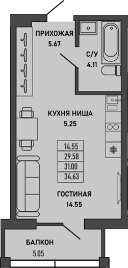 Планировка — Ялта, Студия, 29 м²