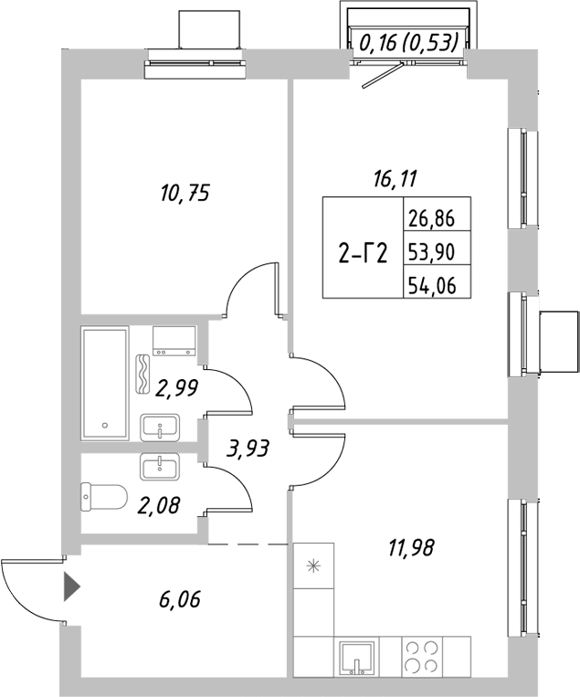 Планировка — Riverside, 2-комн., 54 м²