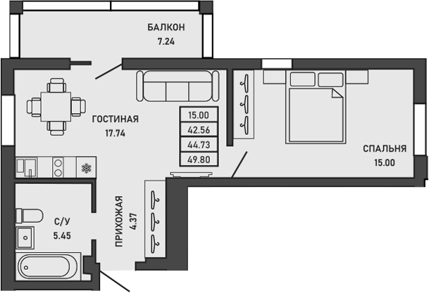 Планировка — Ялта, 1-комн., 42 м²