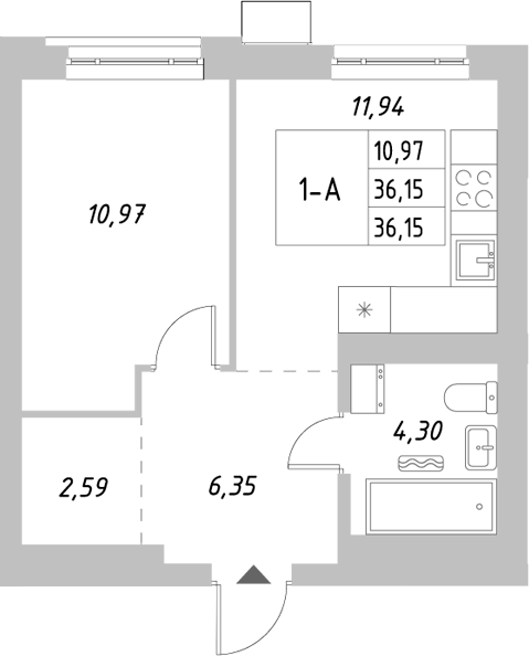 Планировка — Riverside, 1-комн., 36 м²