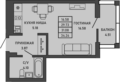 Планировка — Ялта, Студия, 30 м²