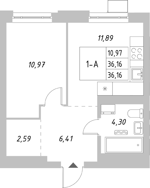 Планировка — Riverside, 1-комн., 36 м²