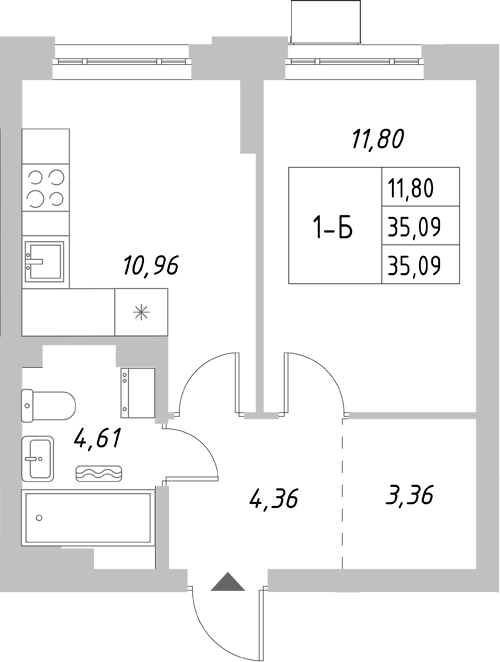 Планировка — Riverside, 1-комн., 35 м²