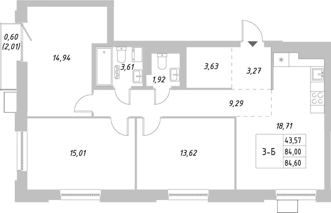 Планировка — Riverside, 3-комн., 84 м²