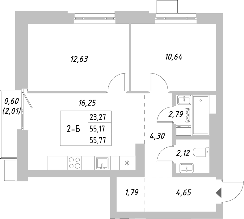 Планировка — Riverside, 2-комн., 55 м²