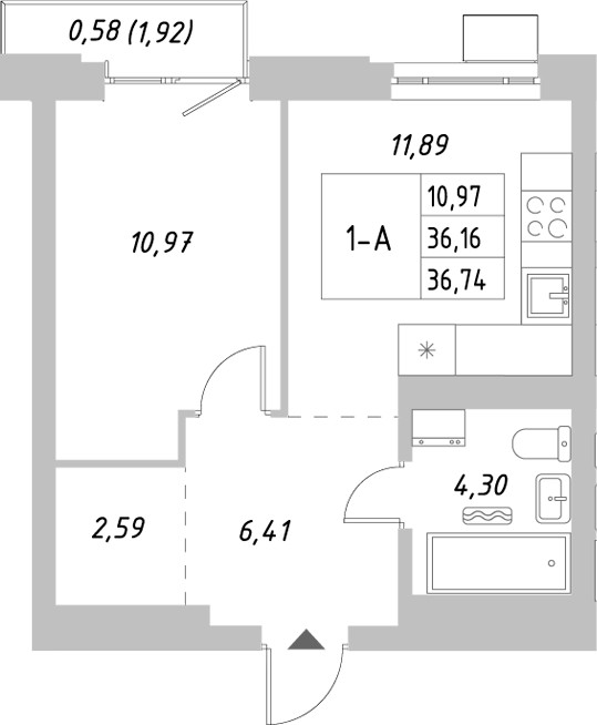 Планировка — Riverside, 1-комн., 36 м²