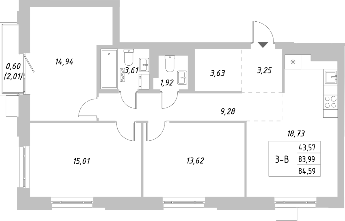 Планировка — Riverside, 3-комн., 84 м²