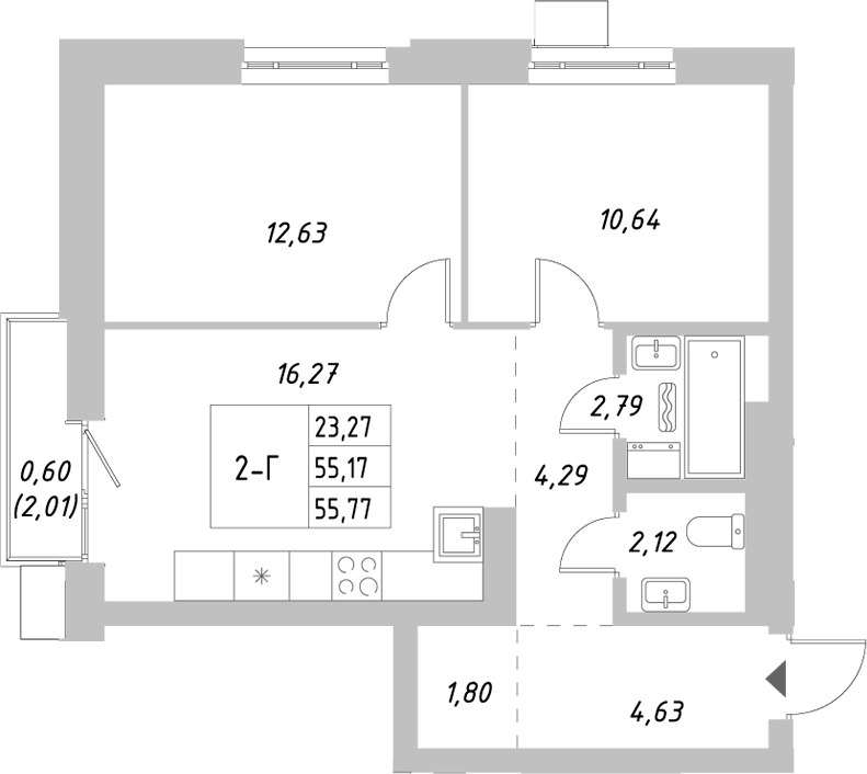 Планировка — Riverside, 2-комн., 55 м²