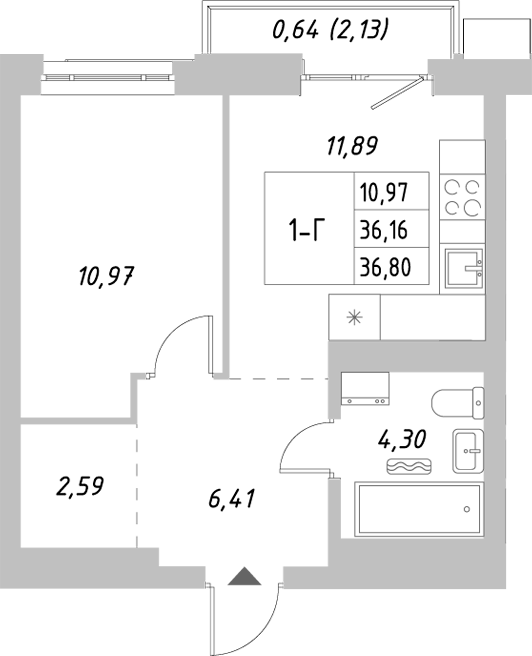 Планировка — Riverside, 1-комн., 36 м²