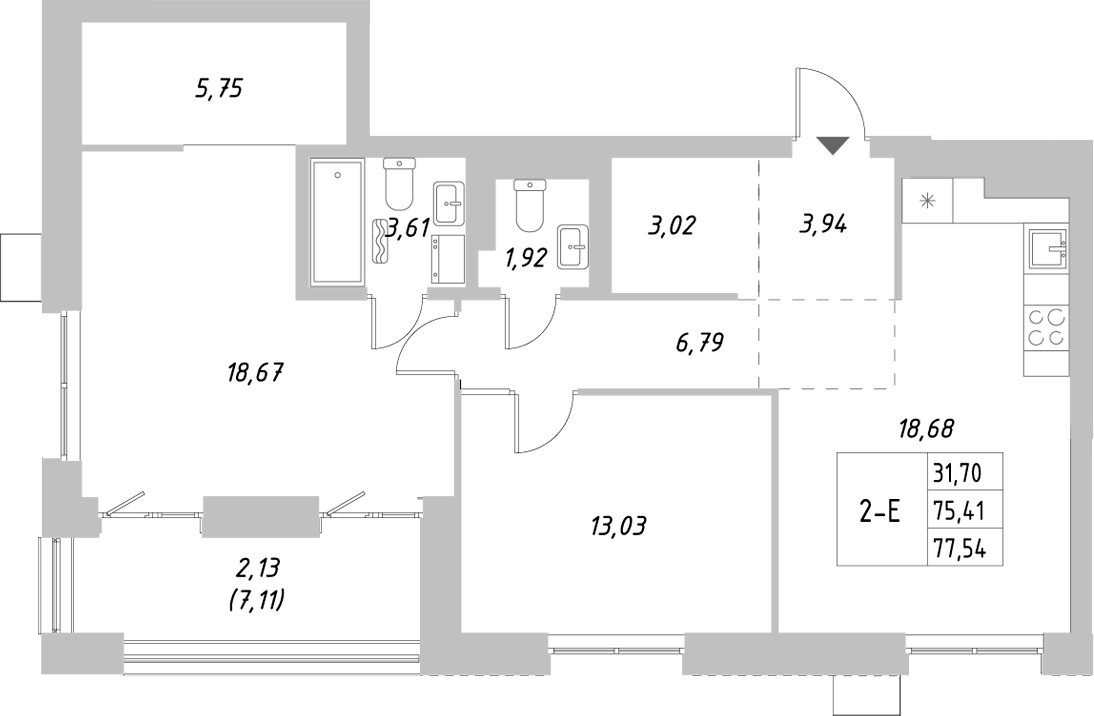 Планировка — Riverside, 2-комн., 75 м²