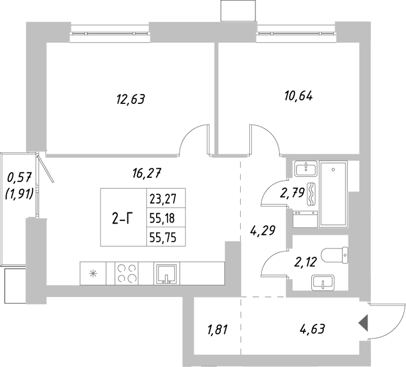 Планировка — Riverside, 2-комн., 55 м²