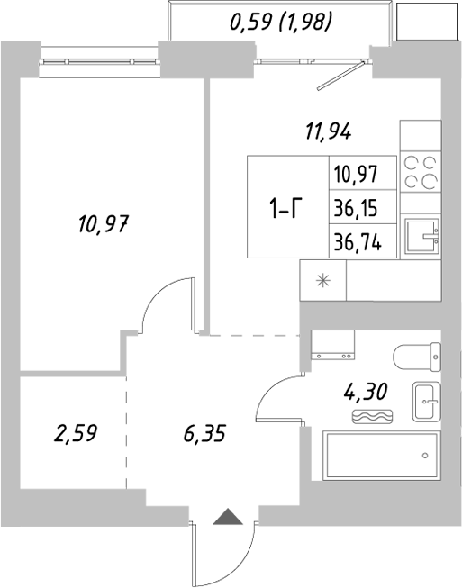 Планировка — Riverside, 1-комн., 36 м²