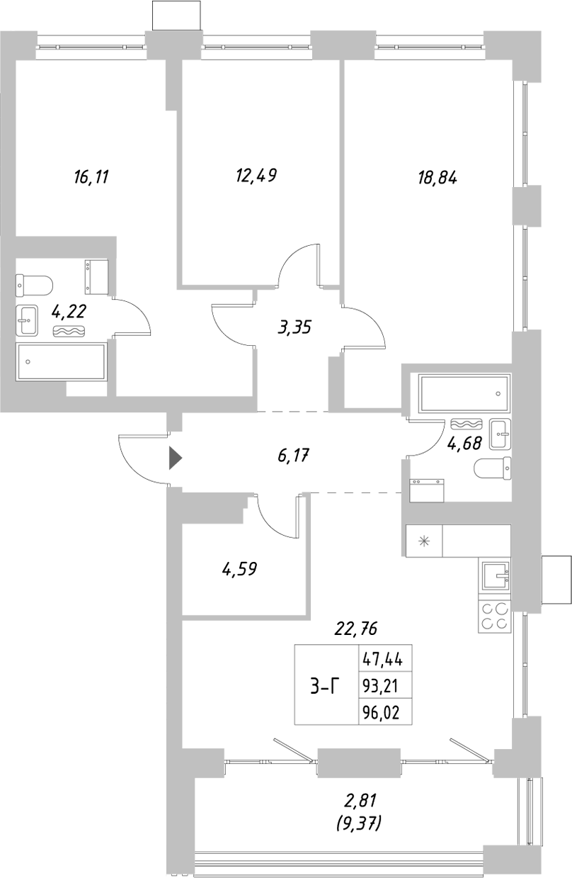 Планировка — Riverside, 3-комн., 93 м²