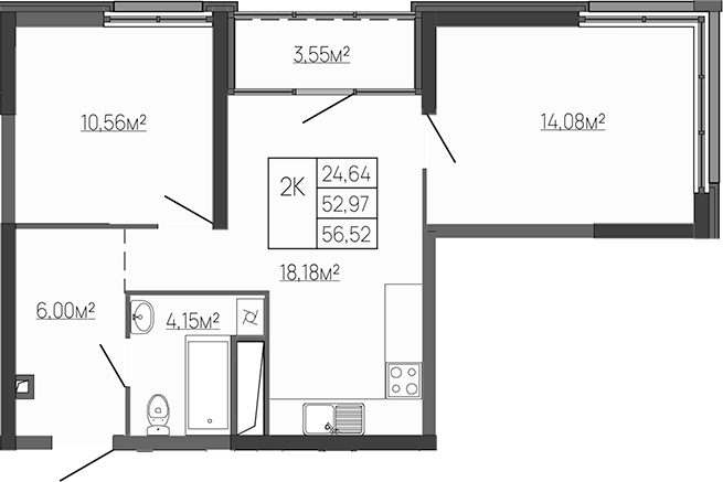 Планировка — Западный Проспект 82, 2-комн., 53 м²