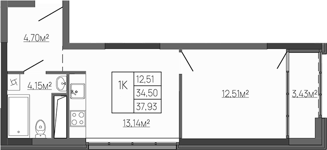 Планировка — Западный Проспект 82, 1-комн., 35 м²
