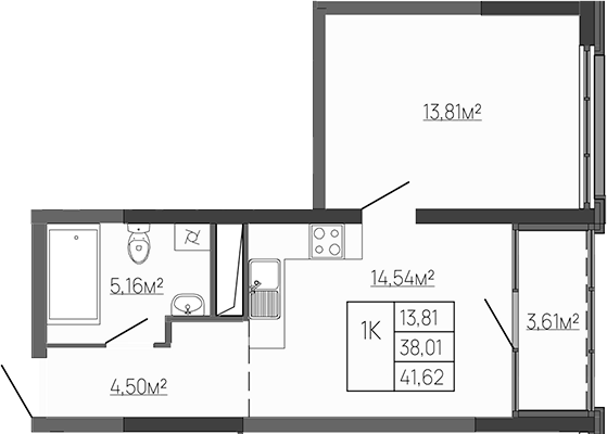Планировка — Западный Проспект 82, 1-комн., 38 м²