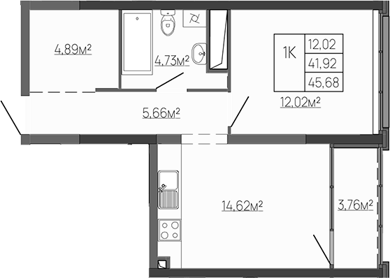 Планировка — Западный Проспект 82, 1-комн., 42 м²