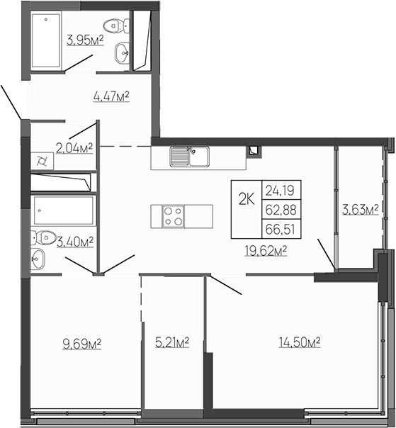 Планировка — Западный Проспект 82, 2-комн., 63 м²
