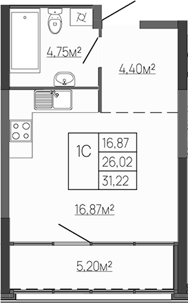 Планировка — Западный Проспект 82, Студия, 26 м²