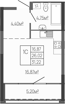 Планировка — Западный Проспект 82, Студия, 26 м²