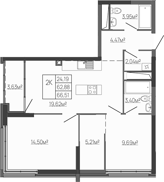 Планировка — Западный Проспект 82, 2-комн., 63 м²