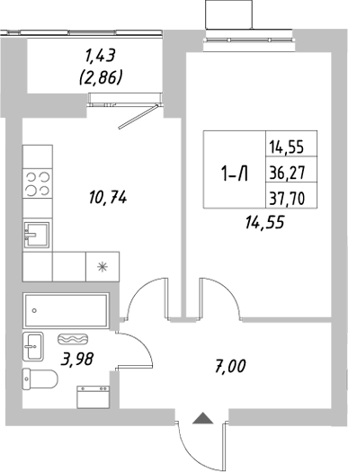 Планировка — Riverside, 1-комн., 36 м²
