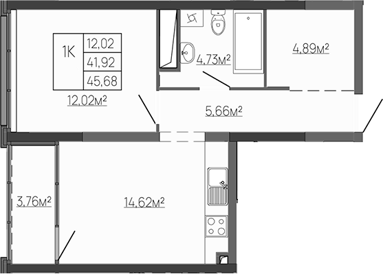 Планировка — Западный Проспект 82, 1-комн., 42 м²
