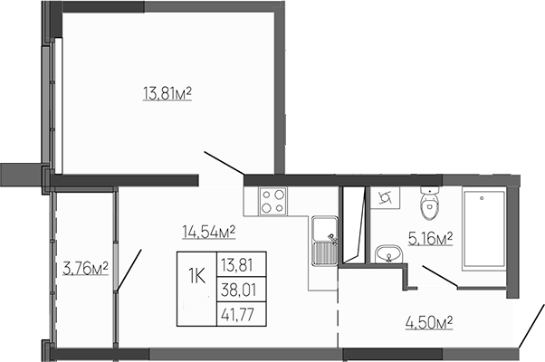Планировка — Западный Проспект 82, 1-комн., 38 м²