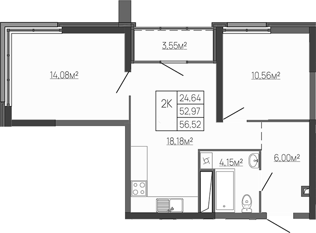 Планировка — Западный Проспект 82, 2-комн., 53 м²