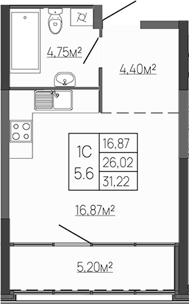 Планировка — Западный Проспект 82, Студия, 26 м²