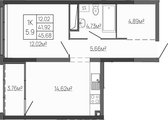 Планировка — Западный Проспект 82, 1-комн., 42 м²