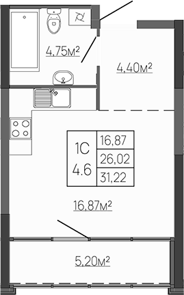 Планировка — Западный Проспект 82, Студия, 26 м²