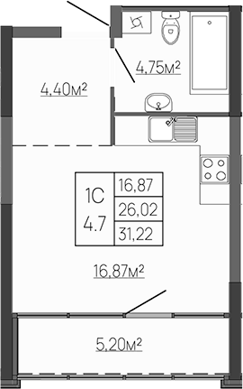 Планировка — Западный Проспект 82, Студия, 26 м²