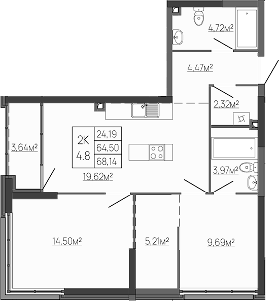 Планировка — Западный Проспект 82, 2-комн., 65 м²