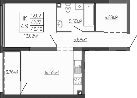 Планировка — Западный Проспект 82, 1-комн., 43 м²