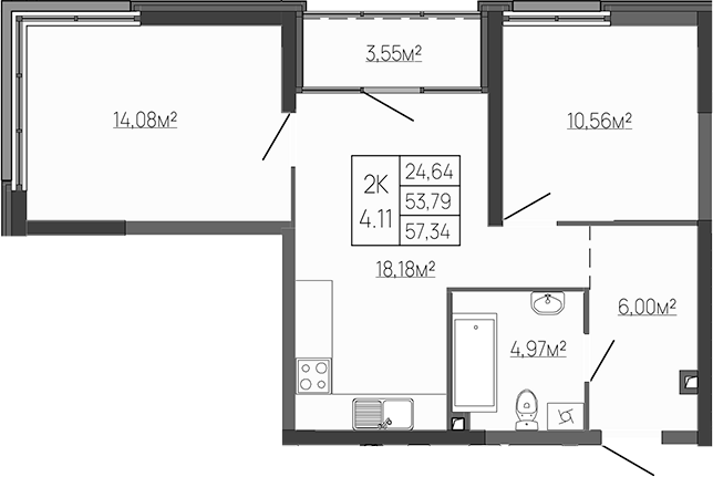 Планировка — Западный Проспект 82, 2-комн., 54 м²