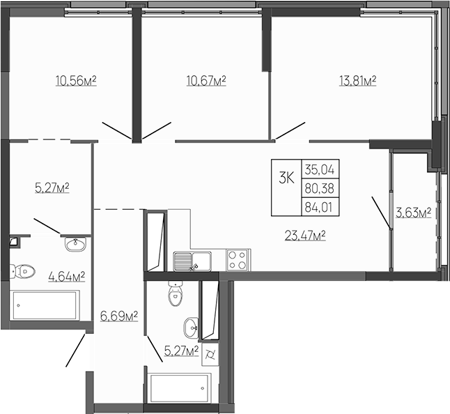 Планировка — Западный Проспект 82, 3-комн., 80 м²