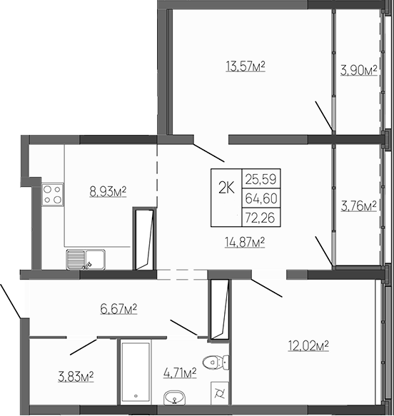 Планировка — Западный Проспект 82, 2-комн., 65 м²