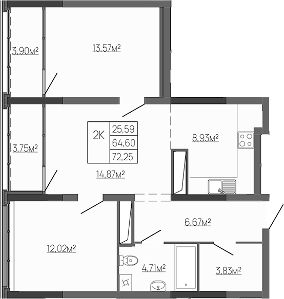 Планировка — Западный Проспект 82, 2-комн., 65 м²