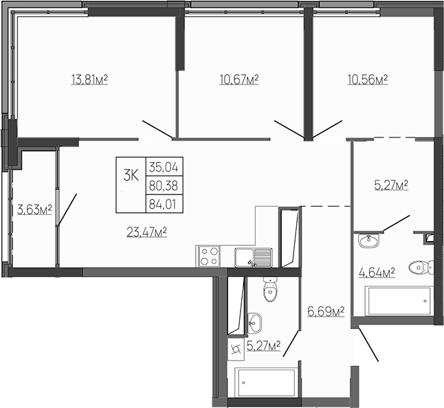 Планировка — Западный Проспект 82, 3-комн., 80 м²