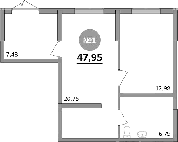 Планировка —  Парк прибрежный, 1-комн., 48 м²