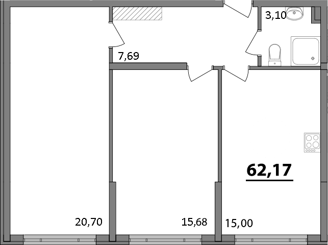 Планировка —  Парк прибрежный, 2-комн., 62 м²