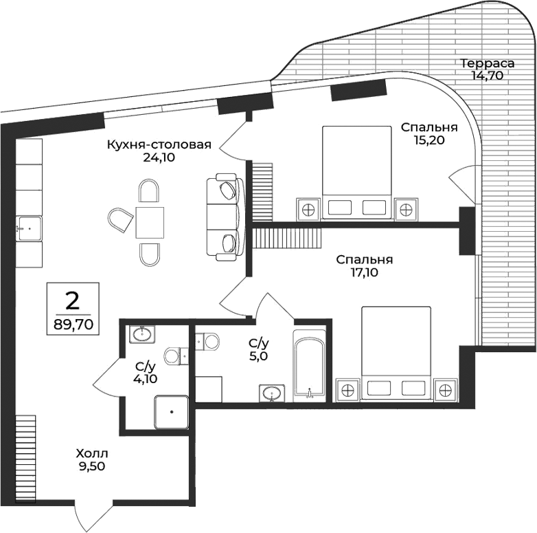 Планировка — Нега, 2-комн., 75 м²