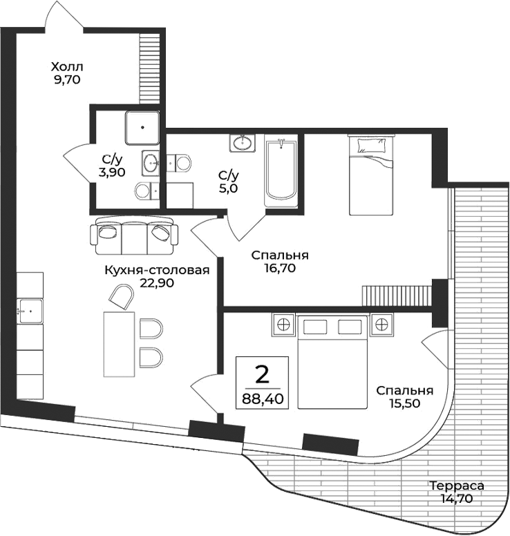 Планировка — Нега, 2-комн., 74 м²