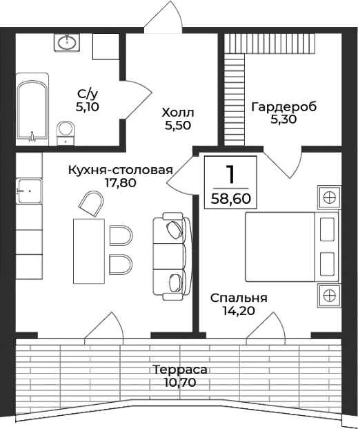 Планировка — Нега, 1-комн., 48 м²