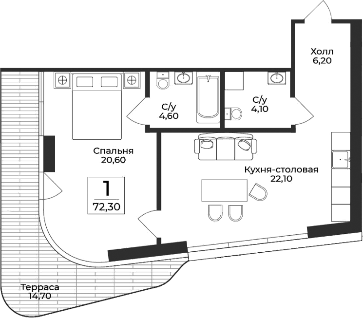Планировка — Нега, 1-комн., 58 м²