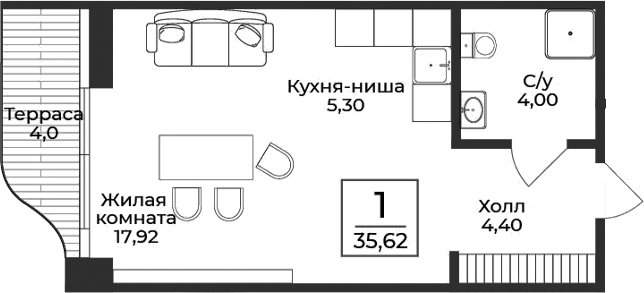 Планировка — Нега, Студия, 32 м²